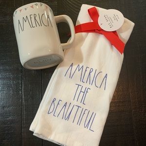 Rae Dunn Bundle - America Mug and Set of Two Patriotic Kitchen Towels - NWT